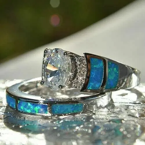 ZnranyiiXY 2pcs/set Silver Plated Rings for Women White glass Jewelry Sz 6-10 Simulated